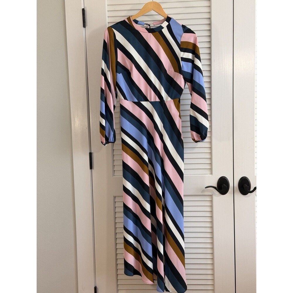 Topshop Maxi Dress Womens 6 Multicolor Striped Long Sleeve Retro Mod Slit